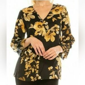 Zac & Rachel Button Down Loop Satin Blouse Plus 1X Black Gold Floral $48 Ruffle